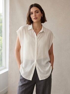 Lefties White Sleeveless Button Down Shirt XL Blouse Semi Sheer Casual Chic